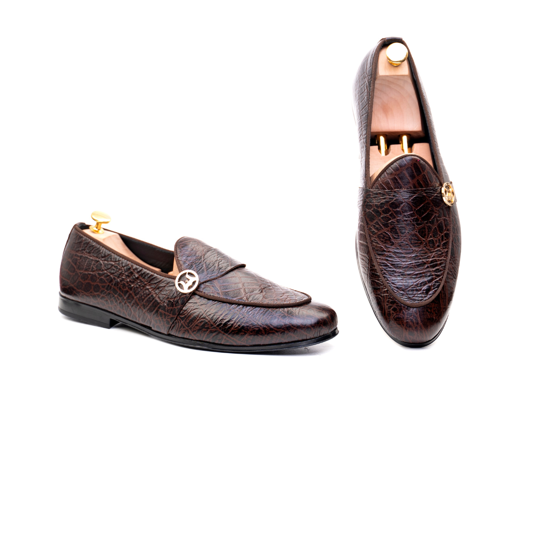 Belgian Loafers: Dark Brown Crocodile Print with Curved Strap