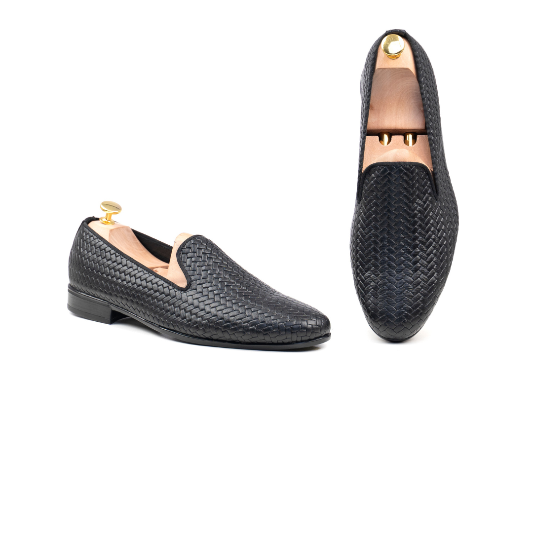 Loafers: Black Grande Basket Woven Leather