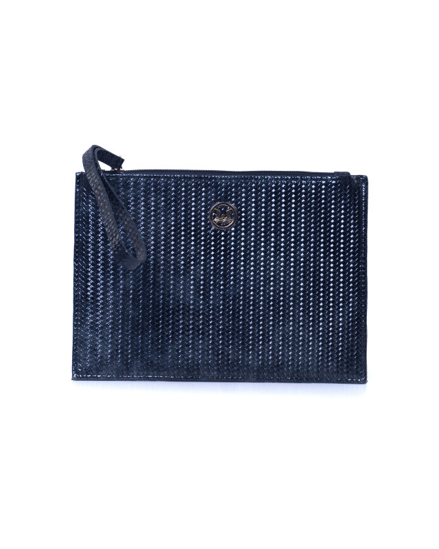 Man Purse: Glossy Black Basket Woven Leather Print